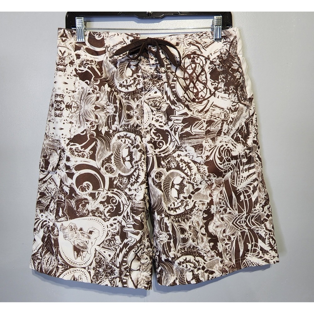 Pacific & Co Swim Trunks Men Small Brown All Over‎ Print Drawstring Boardshorts